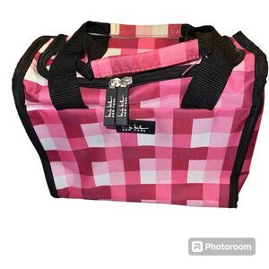 Nicole Miller Womens Lunch Bag Pink Plaid Block Print Rectangle Zip Insulated